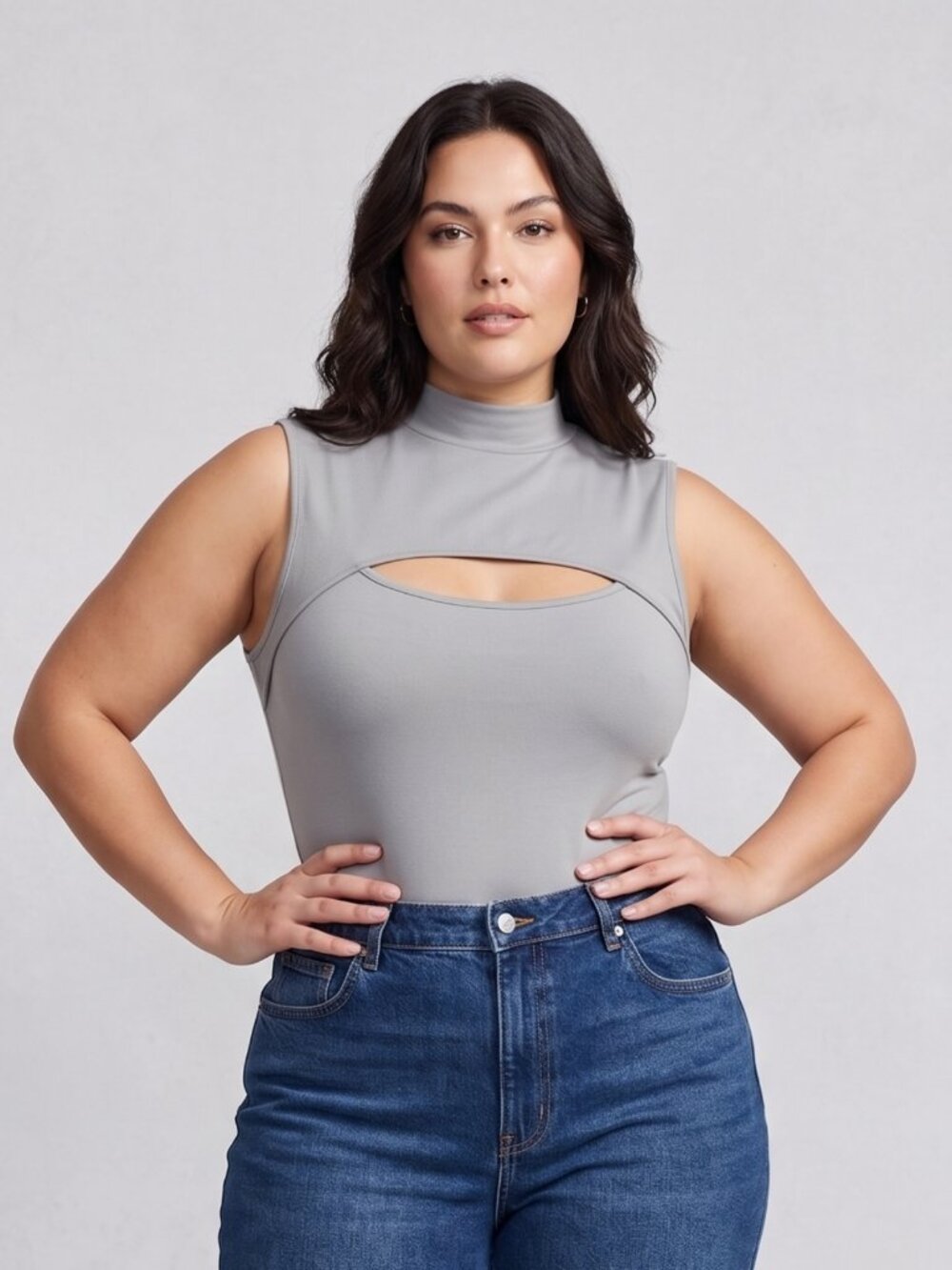 NWT | MANGOPOP Grey Mock Neck Chest Cut-Out Sleeveless Thong Bodysuit | XXL